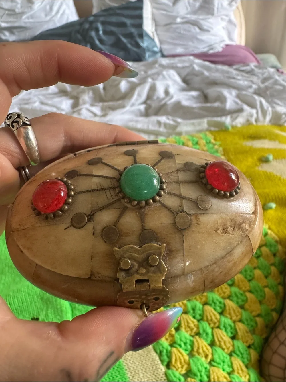 Vintage Ivory Decorative Jewelry Storage Box with Red and Turquoise Accents